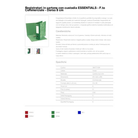 Registratore commerciale Esselte Essentials G73 23x30 cm dorso 8 cm verde - 390773180